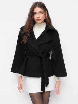 Cider - Wool-Look Women's Belted Collared Cape Coat Black
