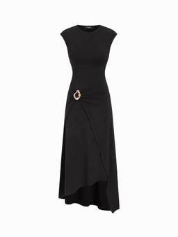Cider - Metal Detail Women's Ruched Asymmetrical Hem Maxi Dress Black