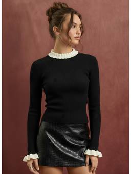 Cider - Knit Women's Colorblock Ruffle Trim Stand Collar Top Black