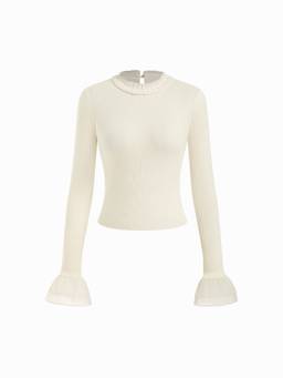 Cider - Knit Women's Ruffle Trim High Neck Full Sleeve Top Cream