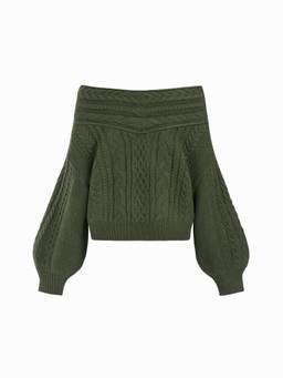 Cider - Cable Knit Women’s Off-Shoulder Lantern Sleeve Oversized Top Olive