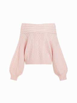 Cider - Cable Knit Women’s Off-Shoulder Lantern Sleeve Oversized Top Pink