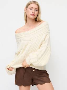 Cider - Cable Knit Women Off Shoulder Lantern Sleeve Oversized Top White