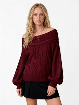 Cider - Cable Knit Women's Off-Shoulder Lantern Sleeve Oversized Top Wine