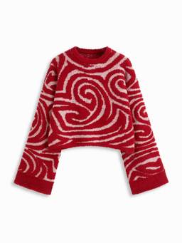 Cider - Knit Abstract Women's Oversized Round Neck Top Red