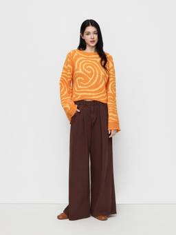 Cider - Knit Women's Abstract Round Neck Oversized Top Yellow