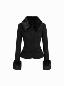 Cider - Wool-look Women Faux Fur Trim Button Jacket Black