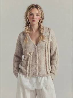 Cider - Knit Wool-Blend Women’s Oversized V-Neck Button Cardigan Beige