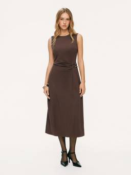 Cider - Belted Women's Ruched Round Neck Midi Dress Coffee