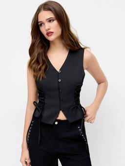 Cider - Lace Up Women V-Neck Sleeveless Vest Top Black