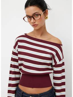 Cider - Knit Asymmetrical Neck Women's Striped Pullover Sweater Burgundy