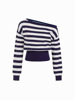 Cider - Knit Women's Asymmetrical Neck Striped Sweater Navy Blue