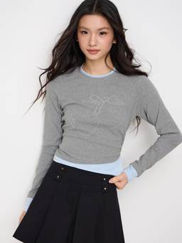 Cider - Two Tone Women's Rhinestone Cherry Round Neck Top Grey