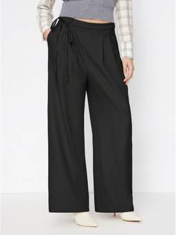 Cider - Tie-Side Women's Mid-Waist Pleated Wide-Leg Trousers Black