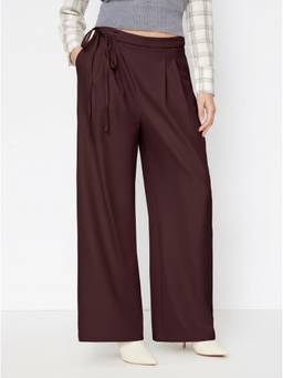 Cider - Tie Side Women's Mid-Waist Pleated Wide-Leg Trousers Burgundy