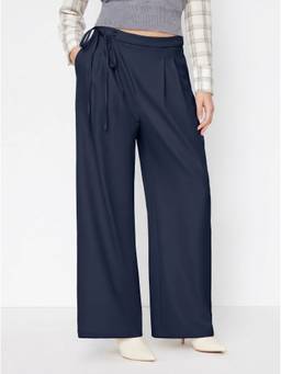 Cider - Tie-Side Women's Mid-Rise Pleated Wide-Leg Trousers Navy Blue
