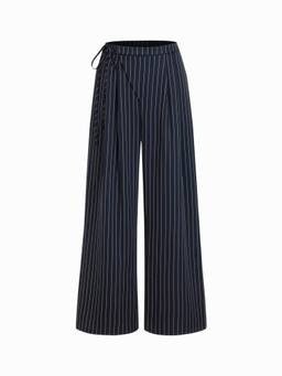 Cider - Tie Side Women's Pleated Wide-Leg Trousers Navy Blue