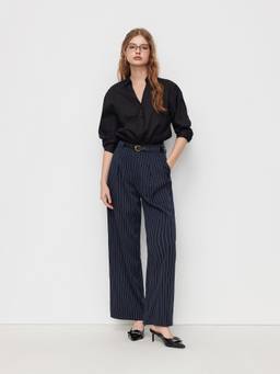 Cider - Striped Women's Mid-Waist Pleated Straight-Leg Trousers Navy Blue
