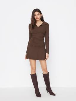 Cider - Polo Neck Women's Ruched Drawstring Slim Mini Dress Brown