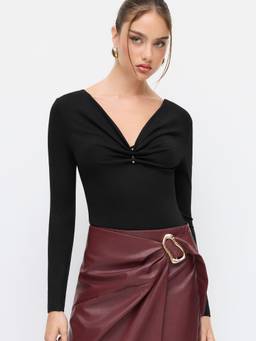 Cider - Women's Ruched V-Neck Long Sleeve Bodysuit Black