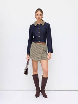 Cider - Wool-look Women Houndstooth Mid-Rise Asymmetrical Mini Skort Khaki