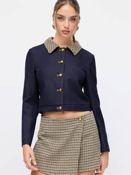 Cider - Plaid Collar Women’s Two-Tone Button Crop Shacket Dark denim