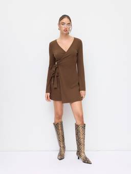 Cider - Cotton Blend Women's V-Neck Wrap Tie-Up Mini Dress Brown