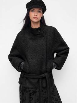 Cider - Wool-look Women's Oversized Belted Stand Collar Jacket Black