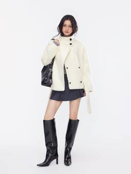 Cider - Wool-Look Women's Oversized Stand Collar Belted Jacket White