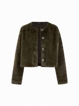 Cider - Faux Fur Women’s Oversized Round Neck Crop Jacket Olive
