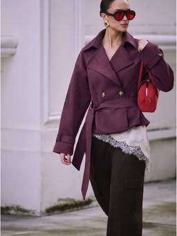 Cider - Suede Collar Women Double-Breasted Belted Trench Coat Burgundy