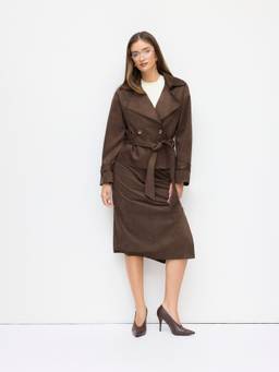 Cider - Suede Collar Women's Double-Breasted Belted Trench Coat Coffee