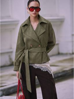 Cider - Suede Collar Women’s Double-Breasted Belted Coat Green
