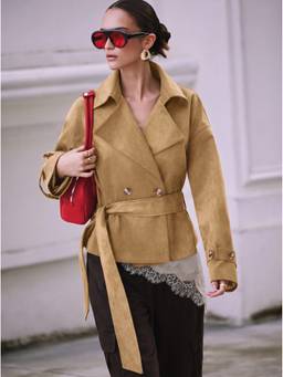 Cider - Suede Collar Women's Double-Breasted Belted Trench Coat Khaki