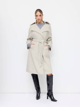 Cider - Wool-look Women's Belted Collared Oversized Coat Beige