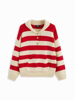 Cider - Knit Striped Women’s Oversized Collar Neck Sweater White & Red