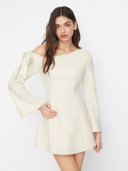 Cider - Asymmetrical Neck Women's Bowknot Bell Sleeve Mini Dress Ivory