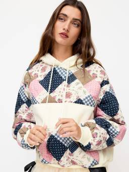 Cider - Cotton Blend Women's Oversized Floral Patchwork Hoodie Cream