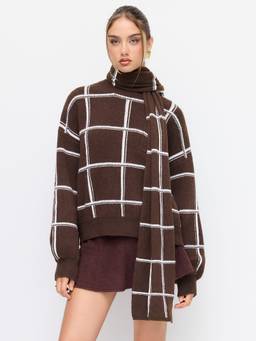 Cider - Knit Wool-Blend Women's Check Round Neck Pullover Sweater Coffee