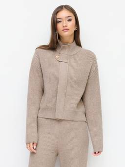 Cider - Rib Knit Women's Oversized Stand Collar Zipper Cardigan Grey