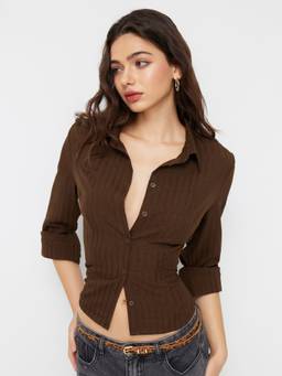 Cider - Textured Women's Regular Fit Button-Down Shirt Brown
