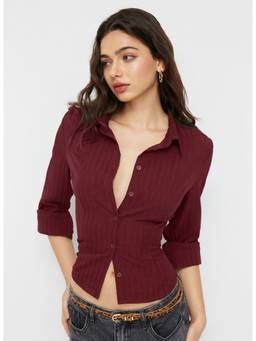 Cider - Textured Women's Regular Fit Collar Button-Down Shirt Wine