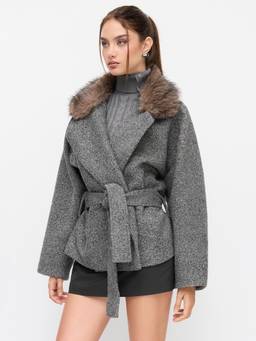 Cider - Wool Look Women's Faux Fur Trim Belted Oversized Coat Dark Grey