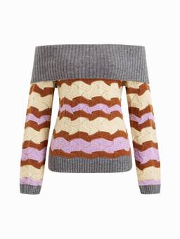 Cider - Two-Way Women's Off-Shoulder Wavy Striped Knit Top Brown