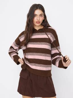 Cider - Knit Wool-Blend Women's Oversized Striped Hooded Hoodie Brown