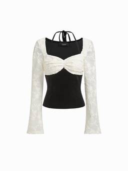 Cider - Two Tone Women Halter Neck Lace-Up Velvet Blouse Black