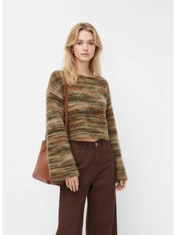 Cider - Striped Women's Boat Neck Bell Sleeve Crop Top Green
