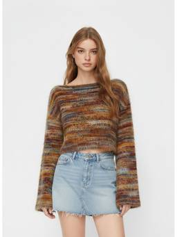 Cider - Striped Women’s Boat Neck Bell Sleeve Crop Top Brown