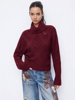 Cider - Cable Knit Women Heart Textured Turtleneck Sweater Burgundy