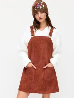 Cider - Suede Women's Square Neck Buckle Strap Pinafore Mini Dress Brown